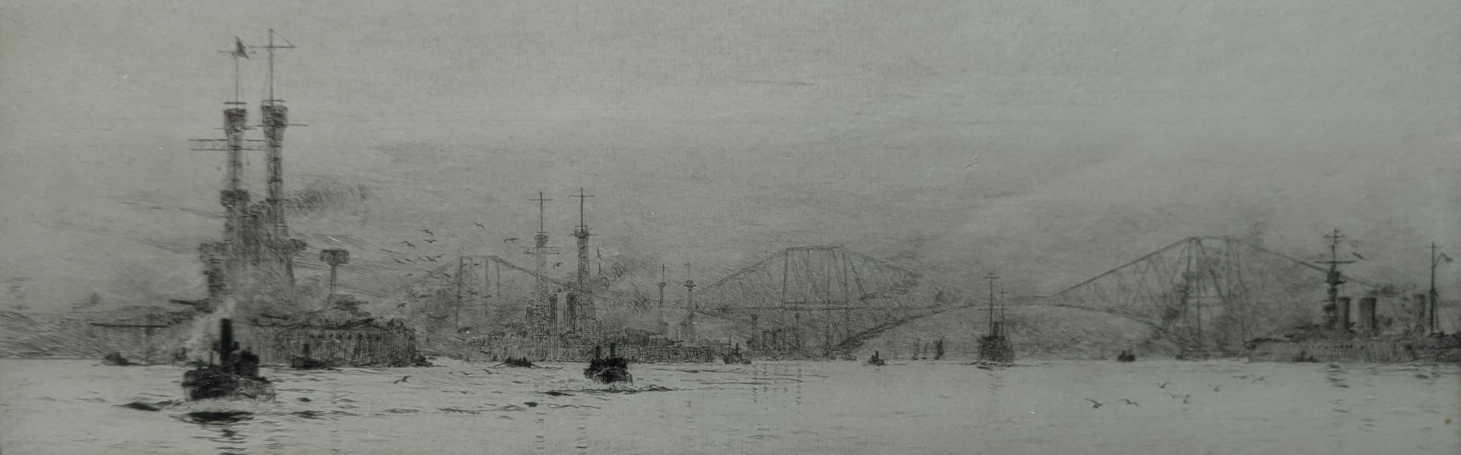 William Lionel Wyllie (1851-1931), etching, Battleships before the Forth Bridge, signed in pencil, 10 x 32cm
